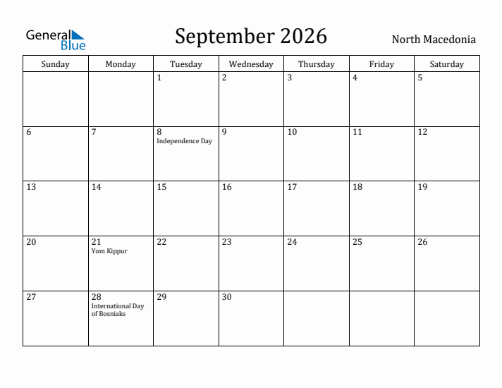 September 2026 Calendar North Macedonia