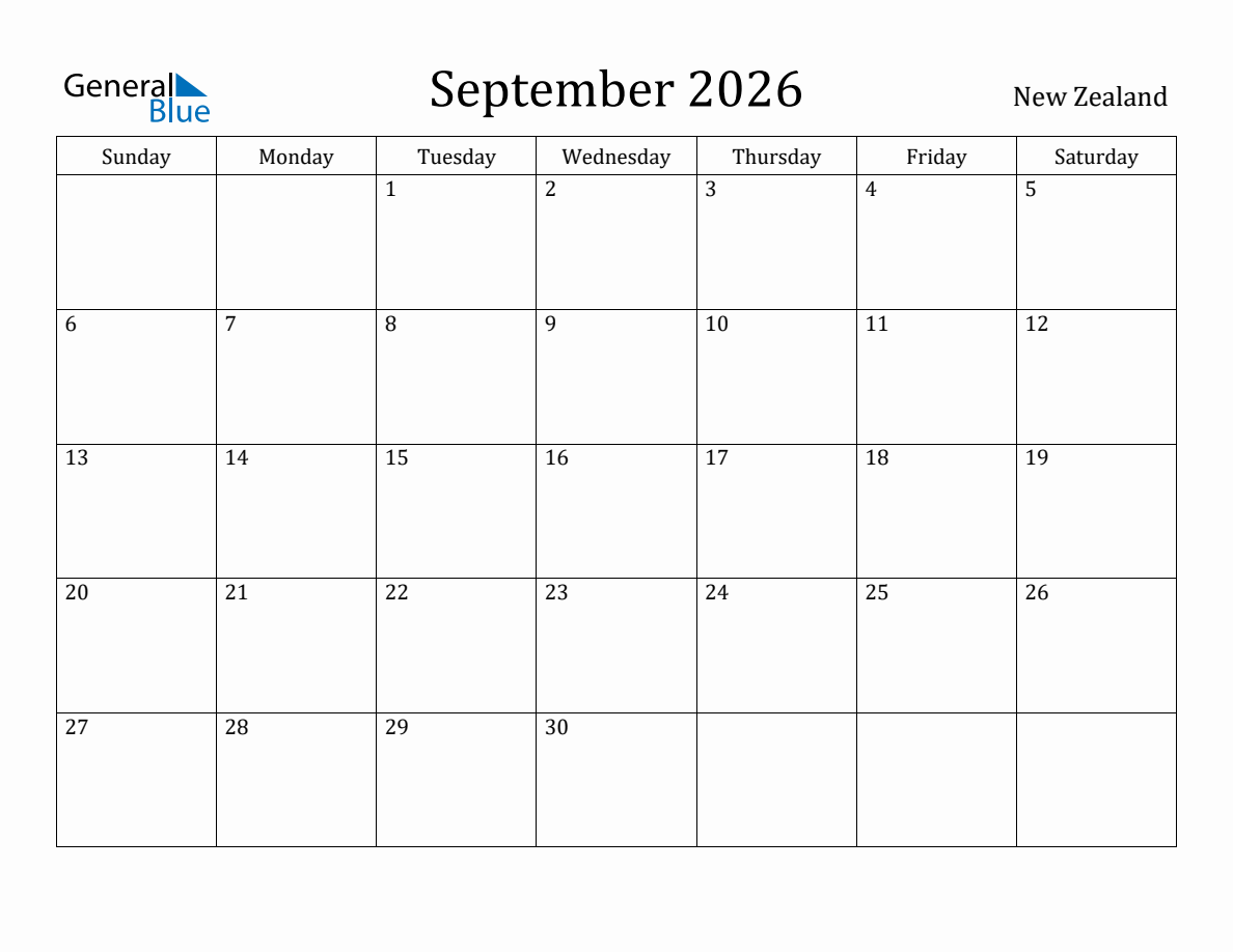 September 2026 monthly calendar with holidays in New Zealand