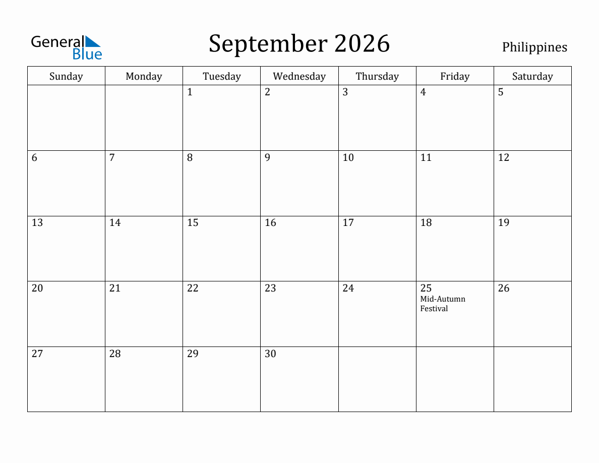 September 2026 monthly calendar with holidays in Philippines