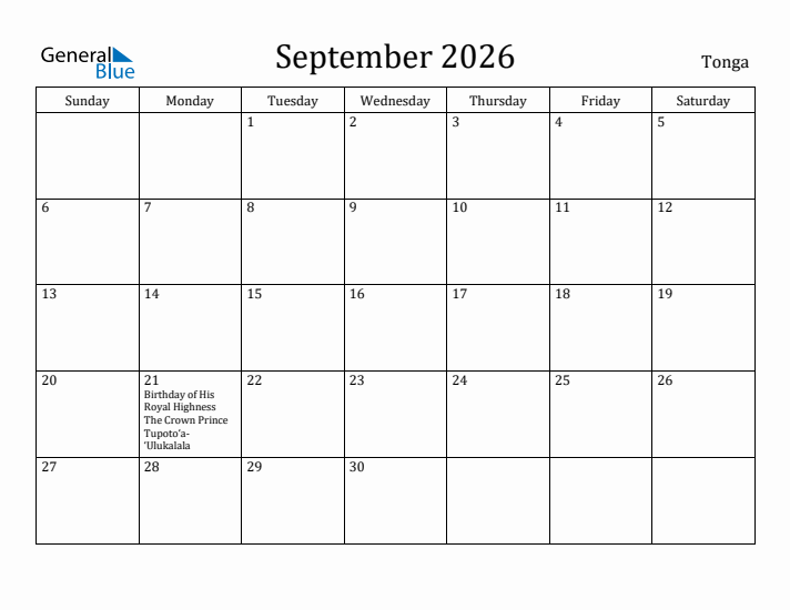 September 2026 Calendar Tonga