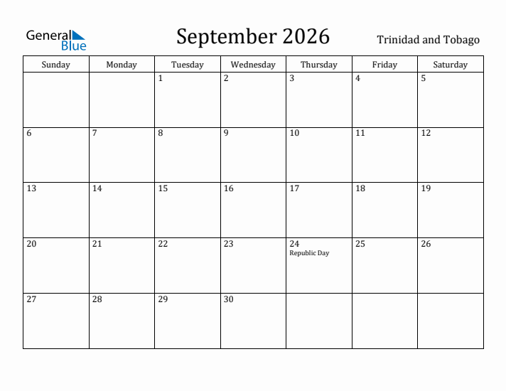 September 2026 Calendar Trinidad and Tobago