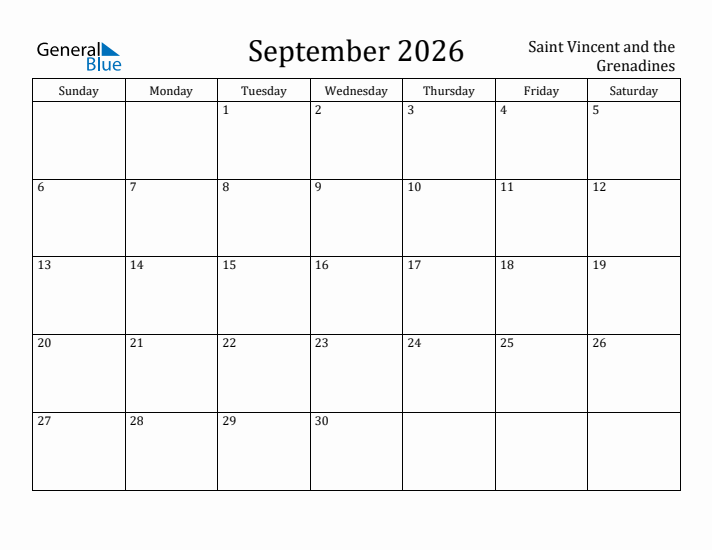 September 2026 Calendar Saint Vincent and the Grenadines