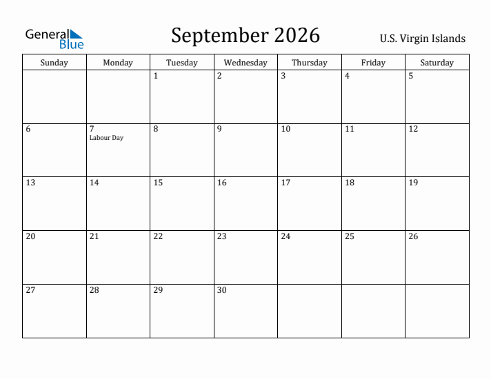 September 2026 Calendar U.S. Virgin Islands