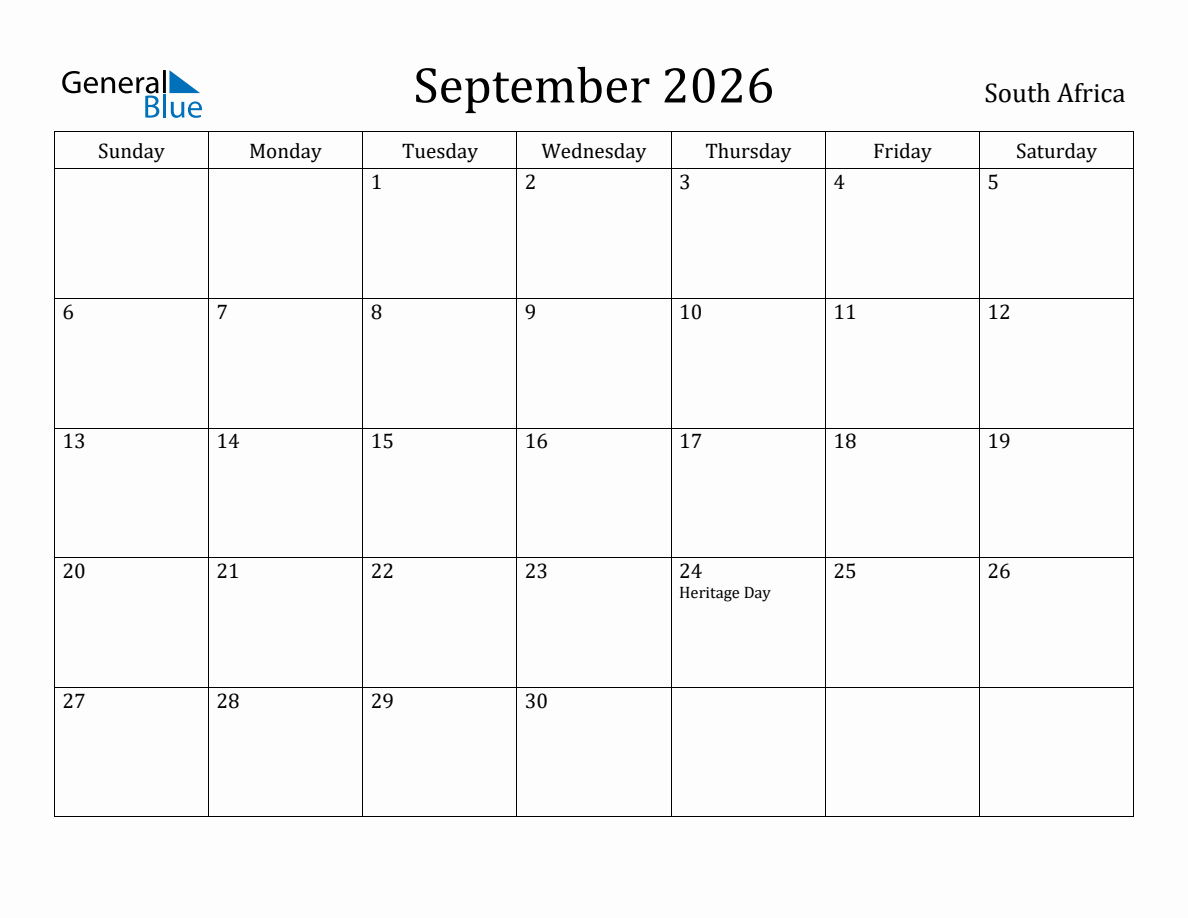 September 2026 monthly calendar with holidays in South Africa