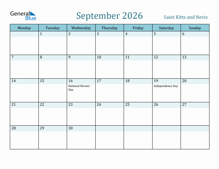 September 2026 Calendar with Holidays