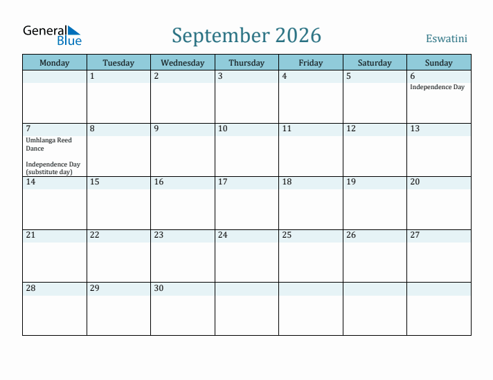 September 2026 Calendar with Holidays