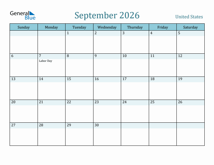 September 2026 Monthly Calendars With United States Holidays