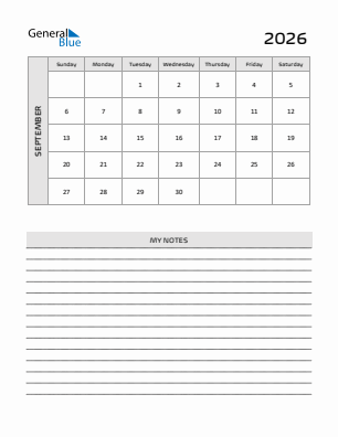 Current month calendar September 2026