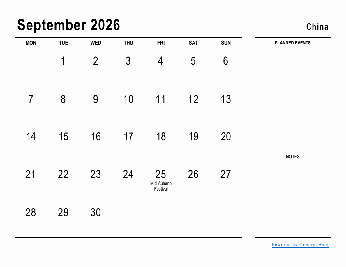 September 2026 Planner with China Holidays