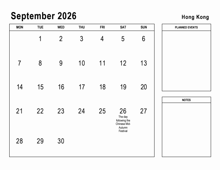 September 2026 Printable Monthly Calendar with Hong Kong Holidays