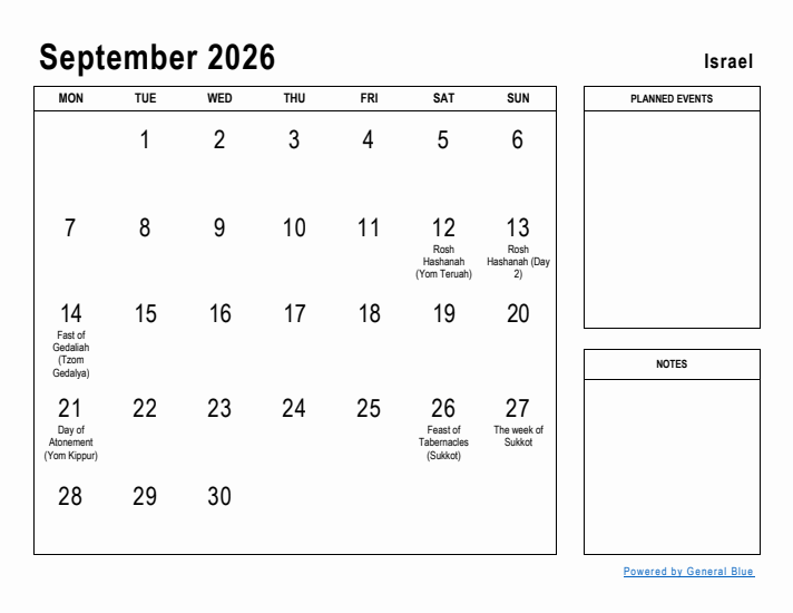 September 2026 Printable Monthly Calendar with Israel Holidays