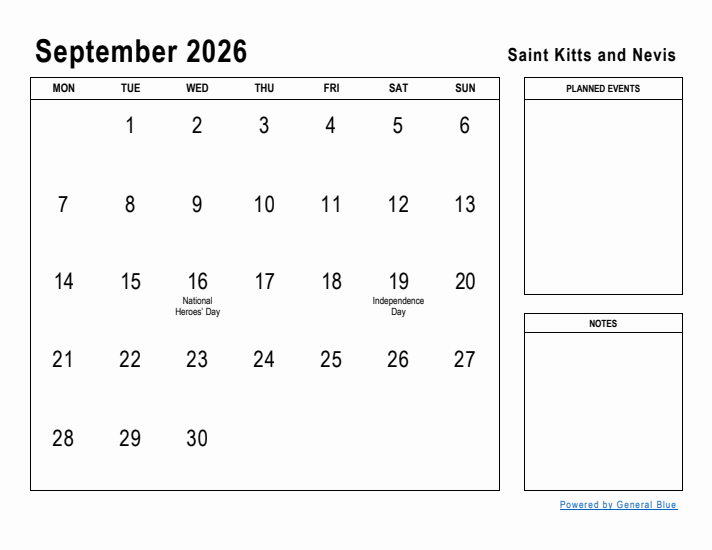 September 2026 Printable Monthly Calendar with Saint Kitts and Nevis Holidays