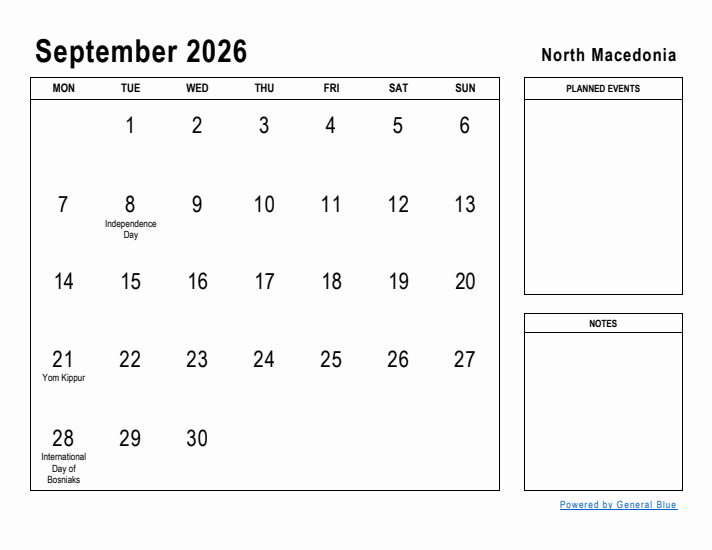 September 2026 Printable Monthly Calendar with North Macedonia Holidays