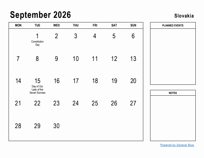 September 2026 Printable Monthly Calendar with Slovakia Holidays