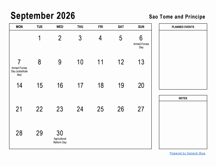 September 2026 Printable Monthly Calendar with Sao Tome and Principe Holidays