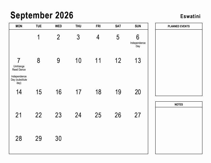September 2026 Printable Monthly Calendar with Eswatini Holidays