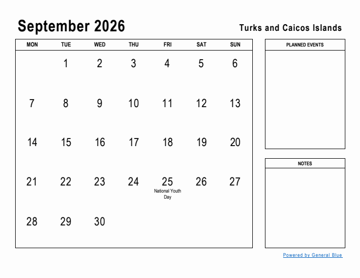 September 2026 Printable Monthly Calendar with Turks and Caicos Islands Holidays