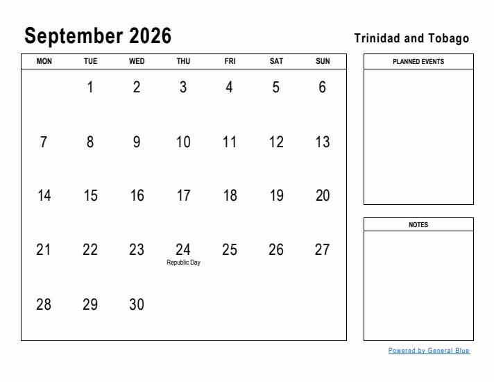 September 2026 Printable Monthly Calendar with Trinidad and Tobago Holidays
