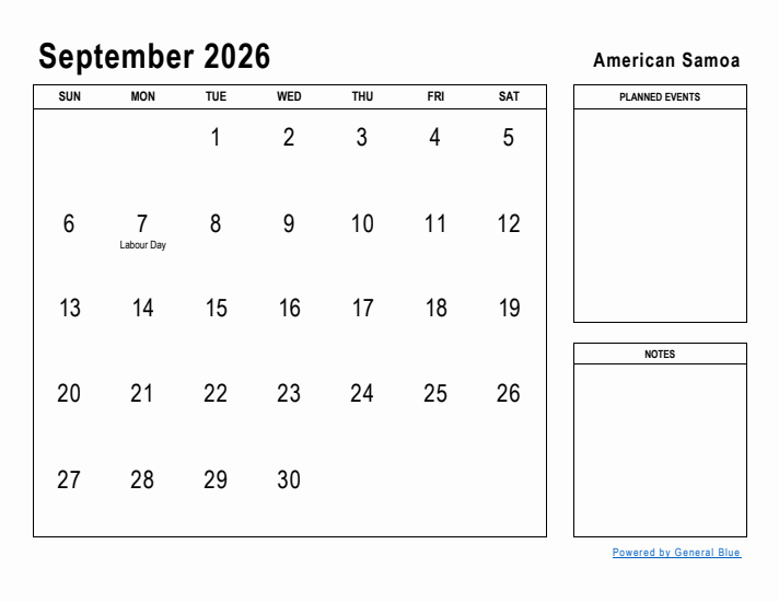 September 2026 Printable Monthly Calendar with American Samoa Holidays