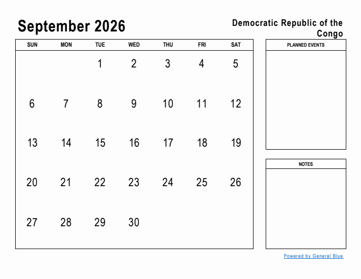 September 2026 Printable Monthly Calendar with Democratic Republic of the Congo Holidays