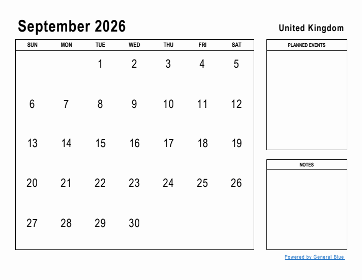 September 2026 Monthly Calendars With United Kingdom Holidays