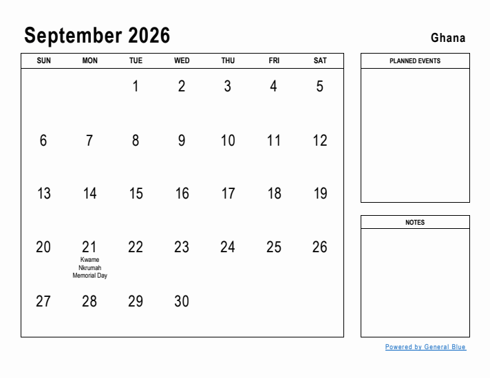 September 2026 Printable Monthly Calendar with Ghana Holidays