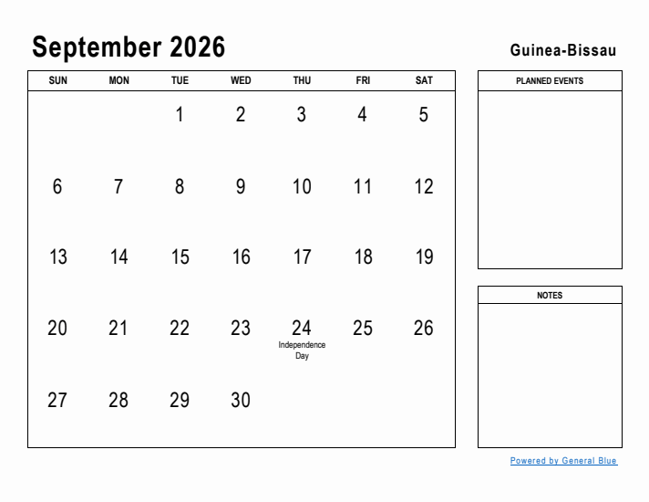 September 2026 Printable Monthly Calendar with Guinea-Bissau Holidays
