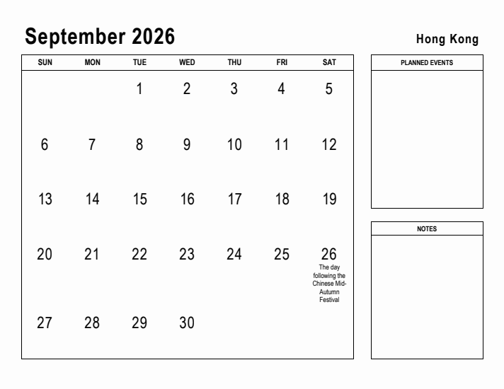 September 2026 Printable Monthly Calendar with Hong Kong Holidays