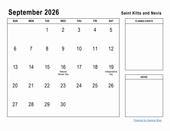 September 2026 Printable Monthly Calendar with Saint Kitts and Nevis Holidays