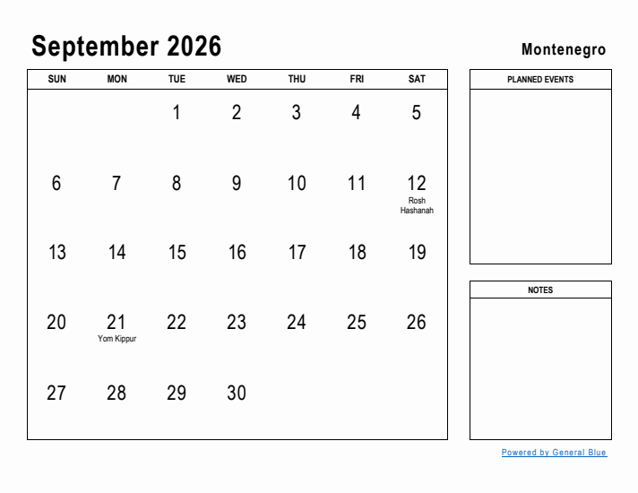 September 2026 Printable Monthly Calendar with Montenegro Holidays