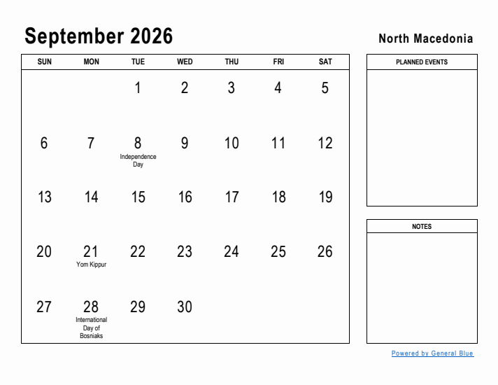 September 2026 Printable Monthly Calendar with North Macedonia Holidays