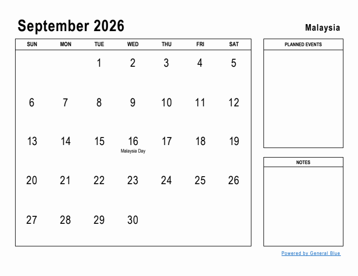 September 2026 Printable Monthly Calendar with Malaysia Holidays