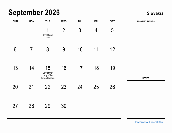 September 2026 Printable Monthly Calendar with Slovakia Holidays