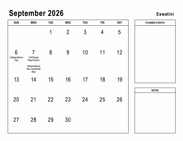 September 2026 Printable Monthly Calendar with Eswatini Holidays