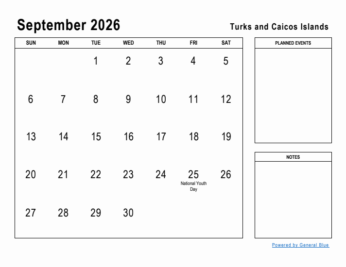 September 2026 Printable Monthly Calendar with Turks and Caicos Islands Holidays