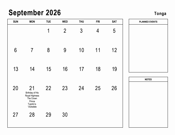 September 2026 Printable Monthly Calendar with Tonga Holidays