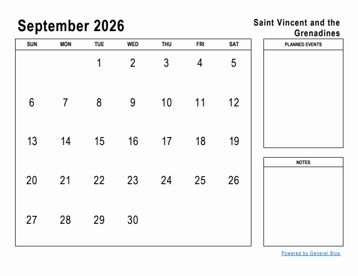 September 2026 Printable Monthly Calendar with Saint Vincent and the Grenadines Holidays