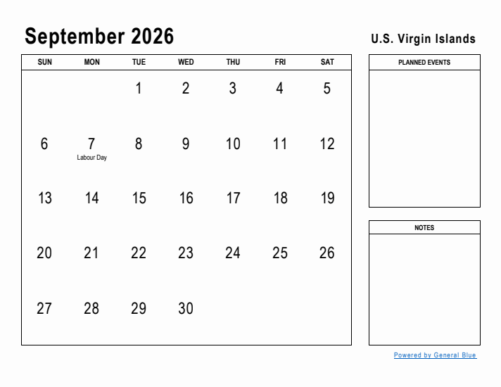 September 2026 Printable Monthly Calendar with U.S. Virgin Islands Holidays