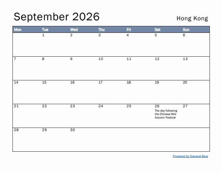September 2026 Simple Monthly Calendar for Hong Kong