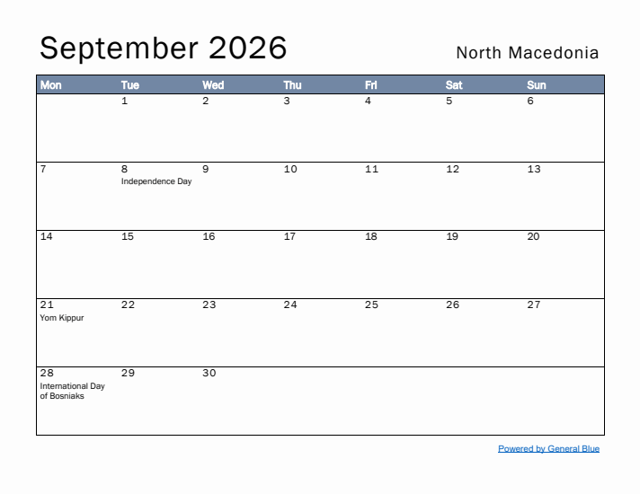 September 2026 Simple Monthly Calendar for North Macedonia