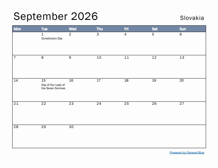September 2026 Simple Monthly Calendar for Slovakia