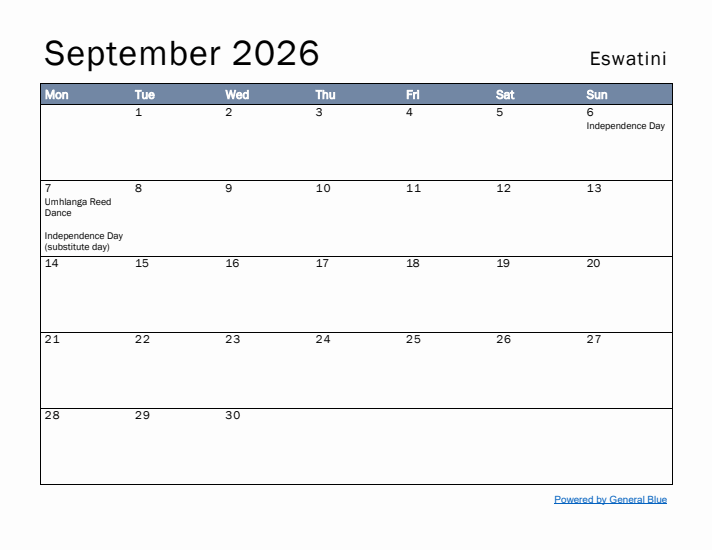 September 2026 Simple Monthly Calendar for Eswatini