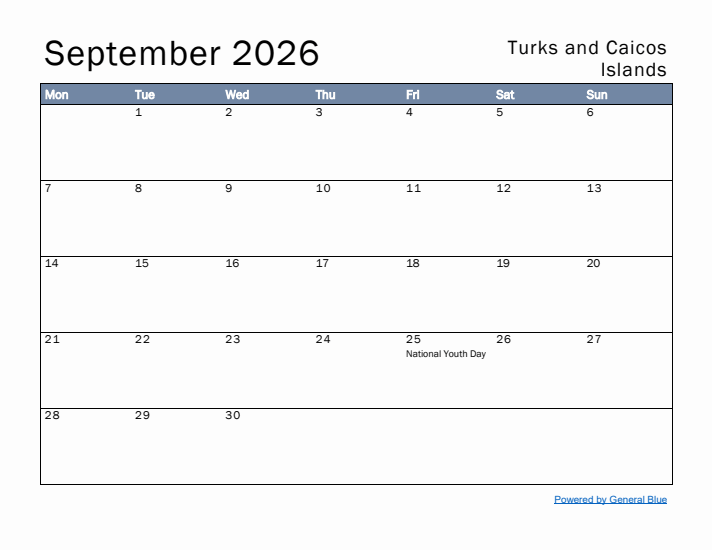 September 2026 Simple Monthly Calendar for Turks and Caicos Islands