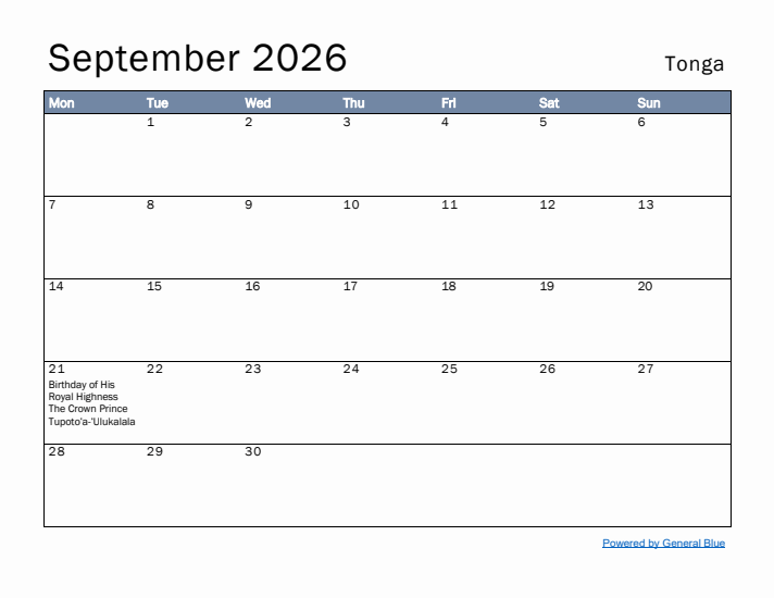September 2026 Simple Monthly Calendar for Tonga