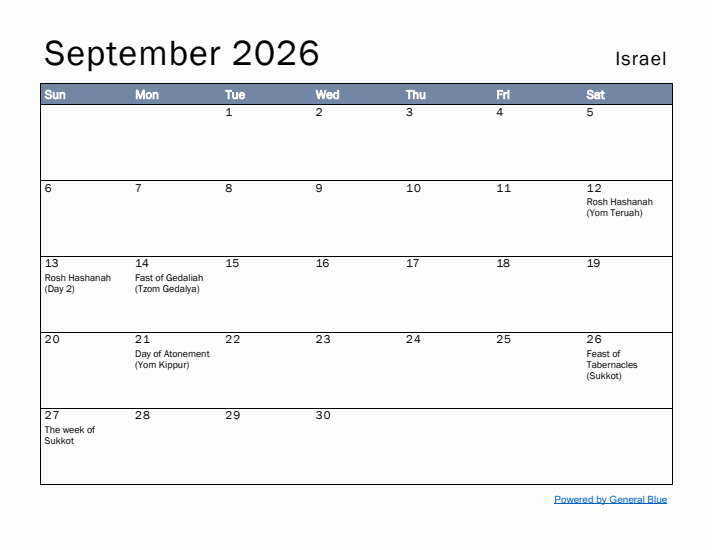 September 2026 Simple Monthly Calendar for Israel