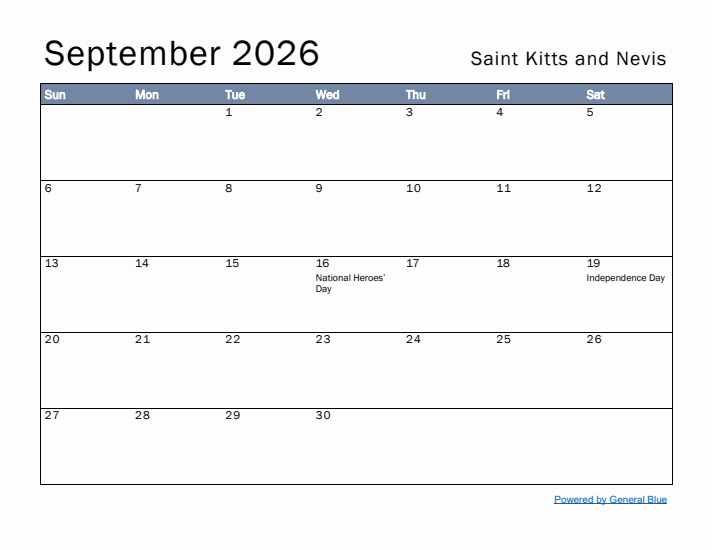 September 2026 Simple Monthly Calendar for Saint Kitts and Nevis