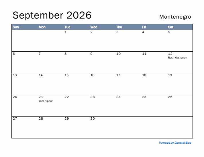 September 2026 Simple Monthly Calendar for Montenegro