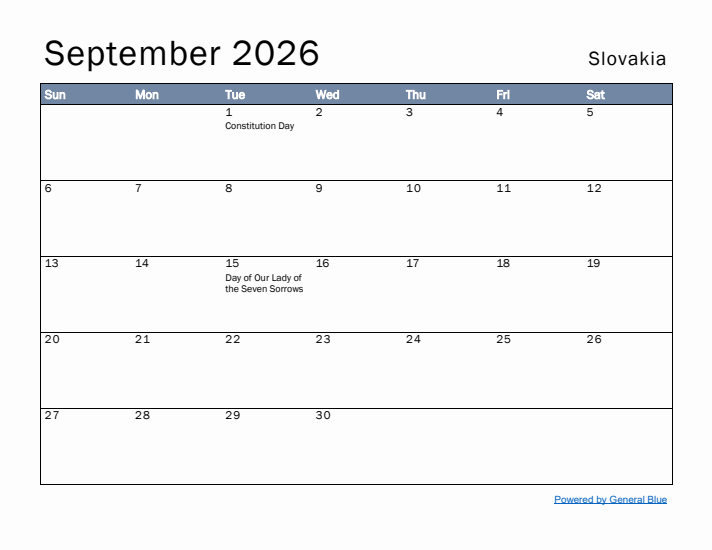 September 2026 Simple Monthly Calendar for Slovakia