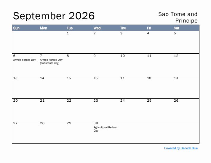 September 2026 Simple Monthly Calendar for Sao Tome and Principe