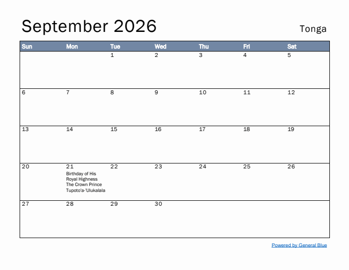 September 2026 Simple Monthly Calendar for Tonga